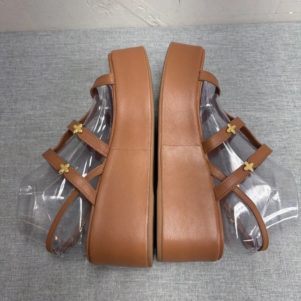 Larroude Platform Sandals Womens 9 Tan Leather Gold Floral Strappy Gladiator V58